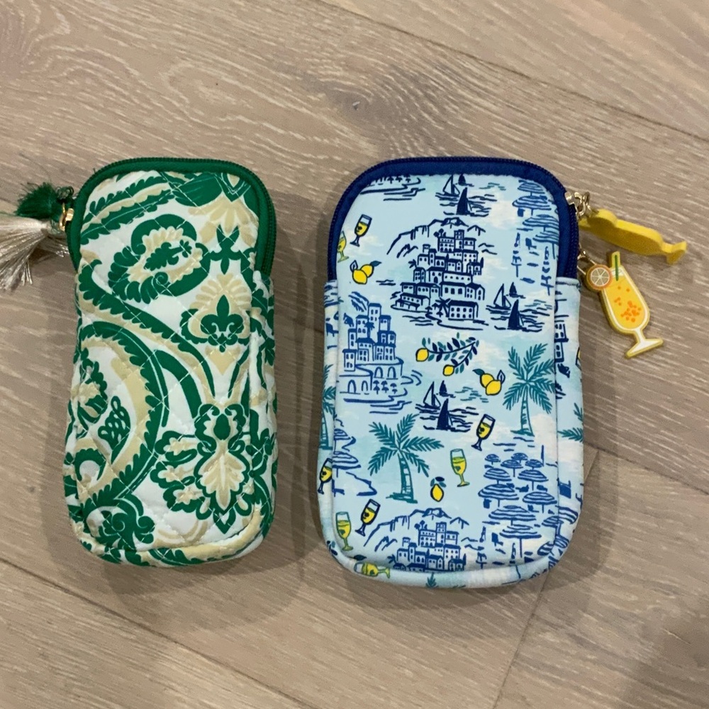 Green and Blue Patterned Pouches for glasses or cosmetics.
